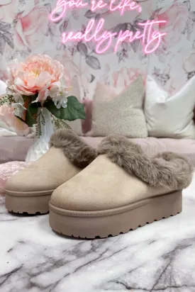 Brigham Fur Lined Platform Clog Slides: Taupe