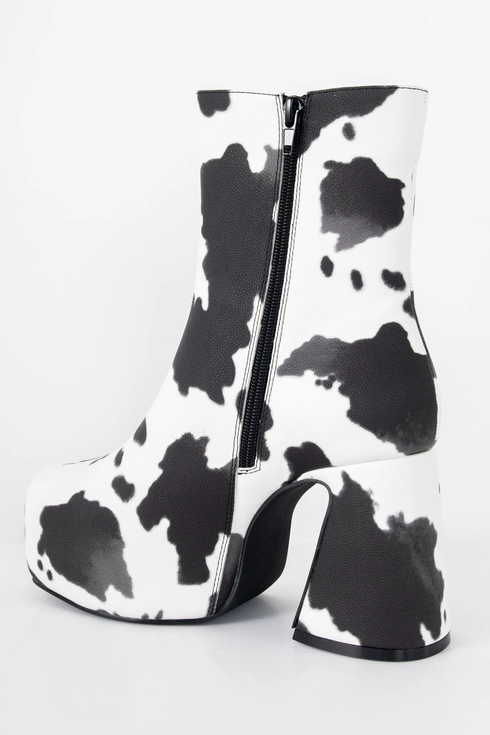 Heartbreak Platform Heeled Ankle Boots in Cow Print