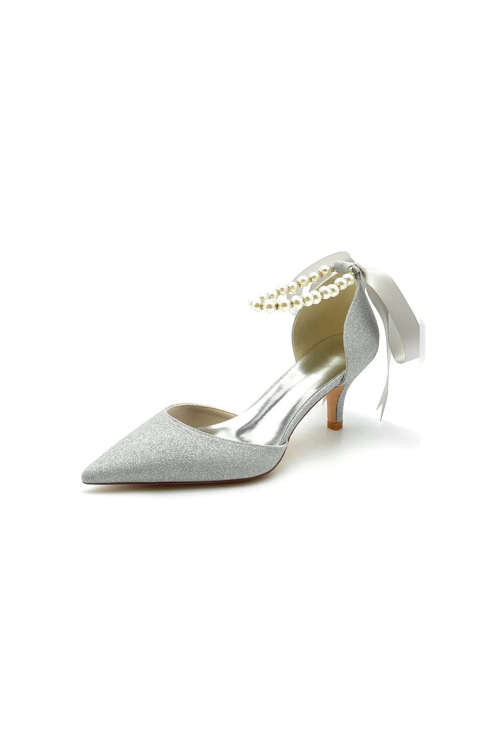 Pointed Toe Glitter Crystal Ribbons Faux Pearl Pumps
