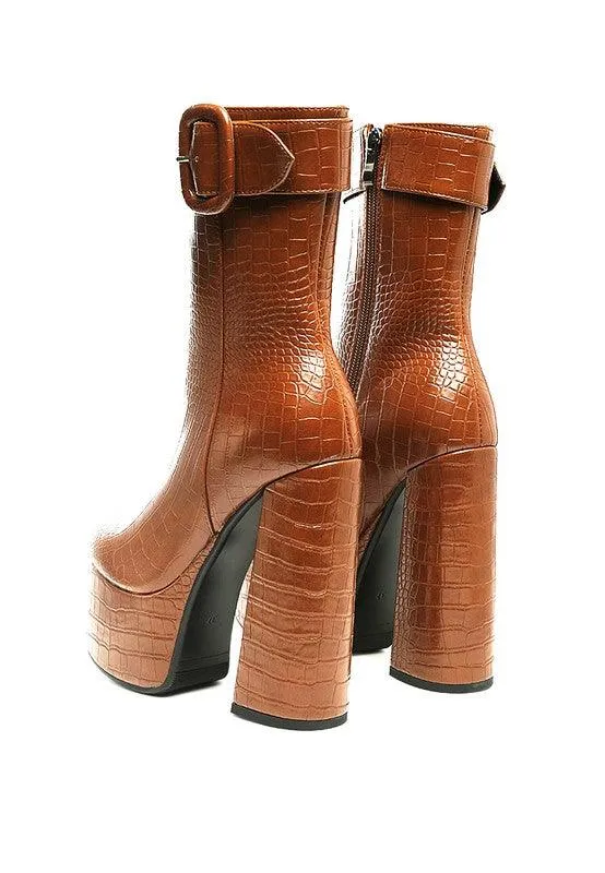 Textured Croc High Block Heeled Chunky Mid Calf Boots